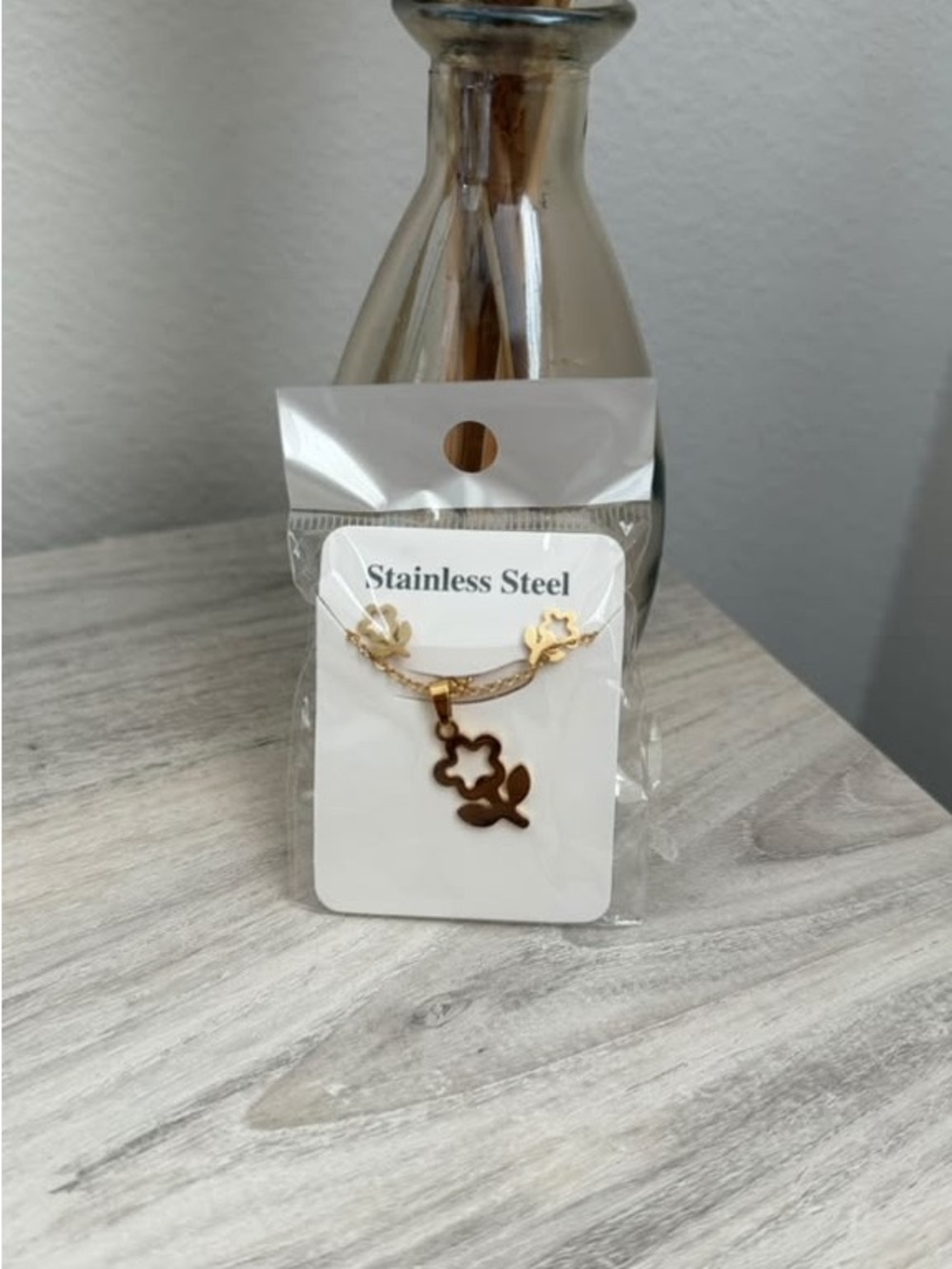 Gold Floral Stainless Steel Dangle Earrings and Necklace - Polished Flower Charm